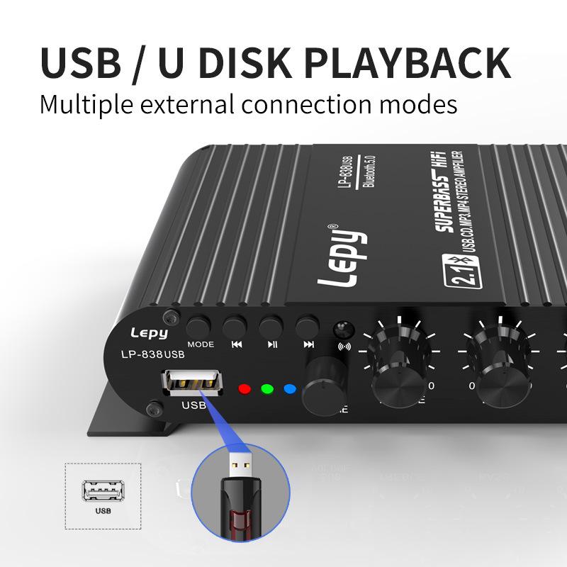 LEPY LP-838USB 2.1-канальный усилитель Bluetooth Hifi 12 В автомобильный домашний усилитель с поддержкой USB Lossless Music Play цифровой аудиоусилитель
LEPY LP-838USB 2.1-канальный усилитель Bluetooth Hifi 12 В автомобильный домашний усилитель с поддержкой USB Lossless Music Play цифровой аудиоусилитель