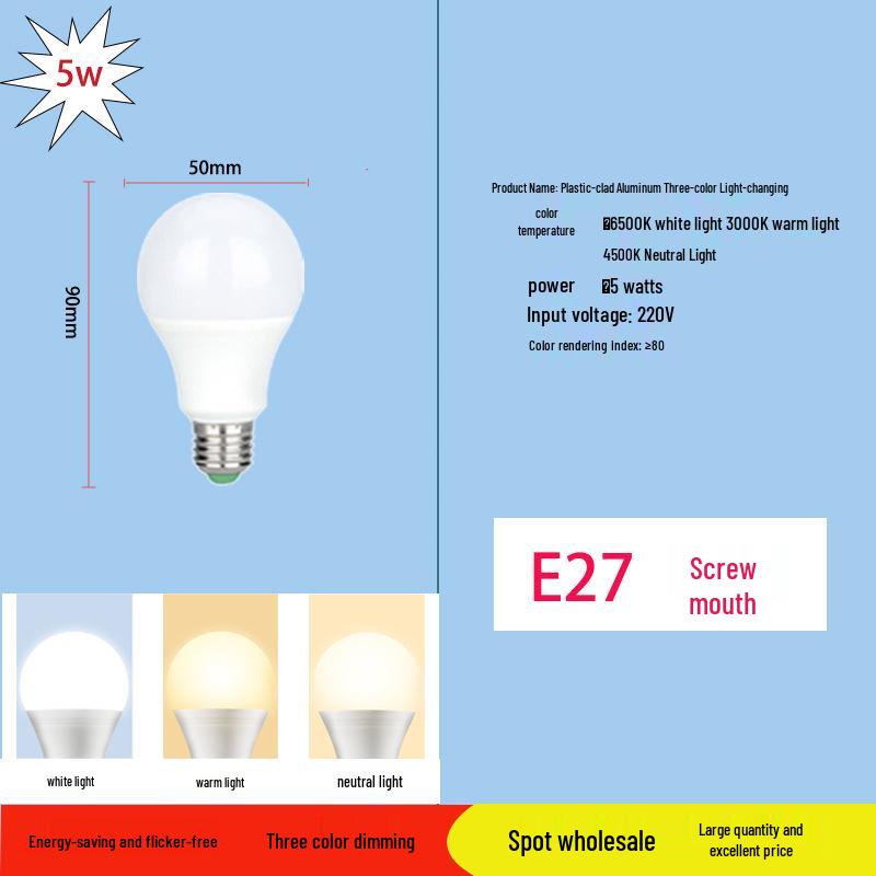 Tri-Color Dimmable LED Bulb with E27 Base - Aluminum-Plastic, Energy-Saving, High-Brightness Round Head for Indoor Table Lamps Three-color
Tri-Color Dimmable LED Bulb with E27 Base - Aluminum-Plastic, Energy-Saving, High-Brightness Round Head for Indoor Table Lamps Three-color