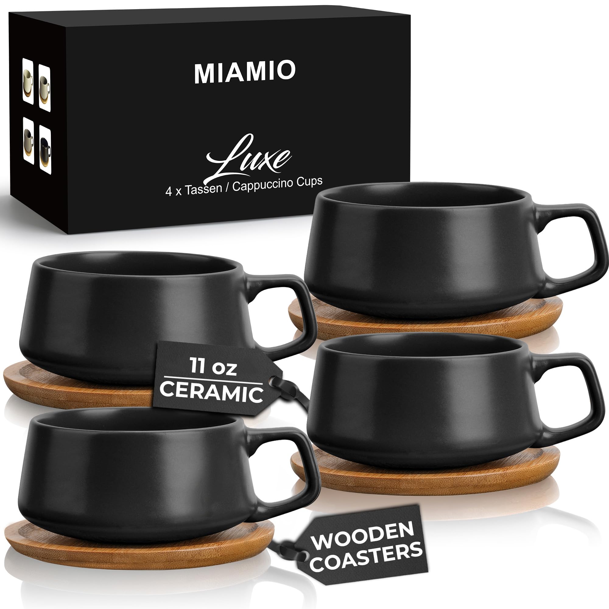 MIAMIO Coffee Cup Saucer Set x Elegant and Modern Stoneware Coffee Set of Luxe Collection - & (320ml 4) - Mugs, 4, (Black) чорний
MIAMIO Coffee Cup Saucer Set x Elegant and Modern Stoneware Coffee Set of Luxe Collection - & (320ml 4) - Mugs, 4, (Black) чорний