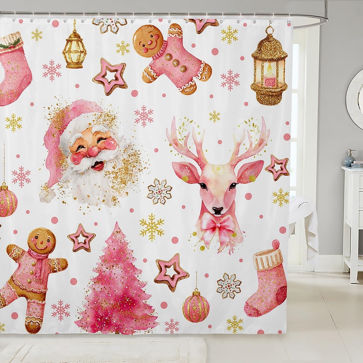 Pink Christmas Tree Santa Claus Reindeer Shower Curtain With Snowflake Design, Waterproof Winter Bathroom Decor For Cute Holiday W60H190(CM)-1 Pcs
Pink Christmas Tree Santa Claus Reindeer Shower Curtain With Snowflake Design, Waterproof Winter Bathroom Decor For Cute Holiday W60H190(CM)-1 Pcs