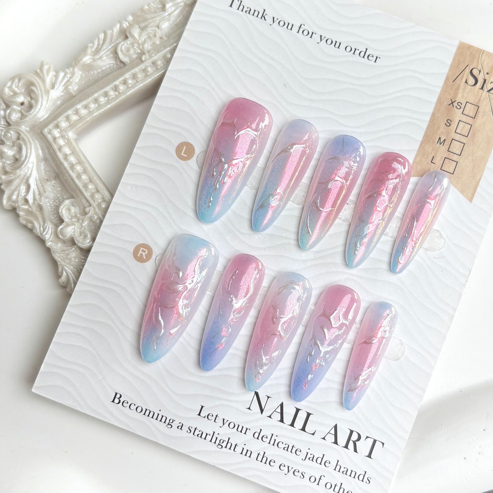 Dreamy Gradient Gilded Blush Long Press-On Nails: Futuristic Iridescent Aurora Pink Color Block Nail Art.
Dreamy Gradient Gilded Blush Long Press-On Nails: Futuristic Iridescent Aurora Pink Color Block Nail Art.