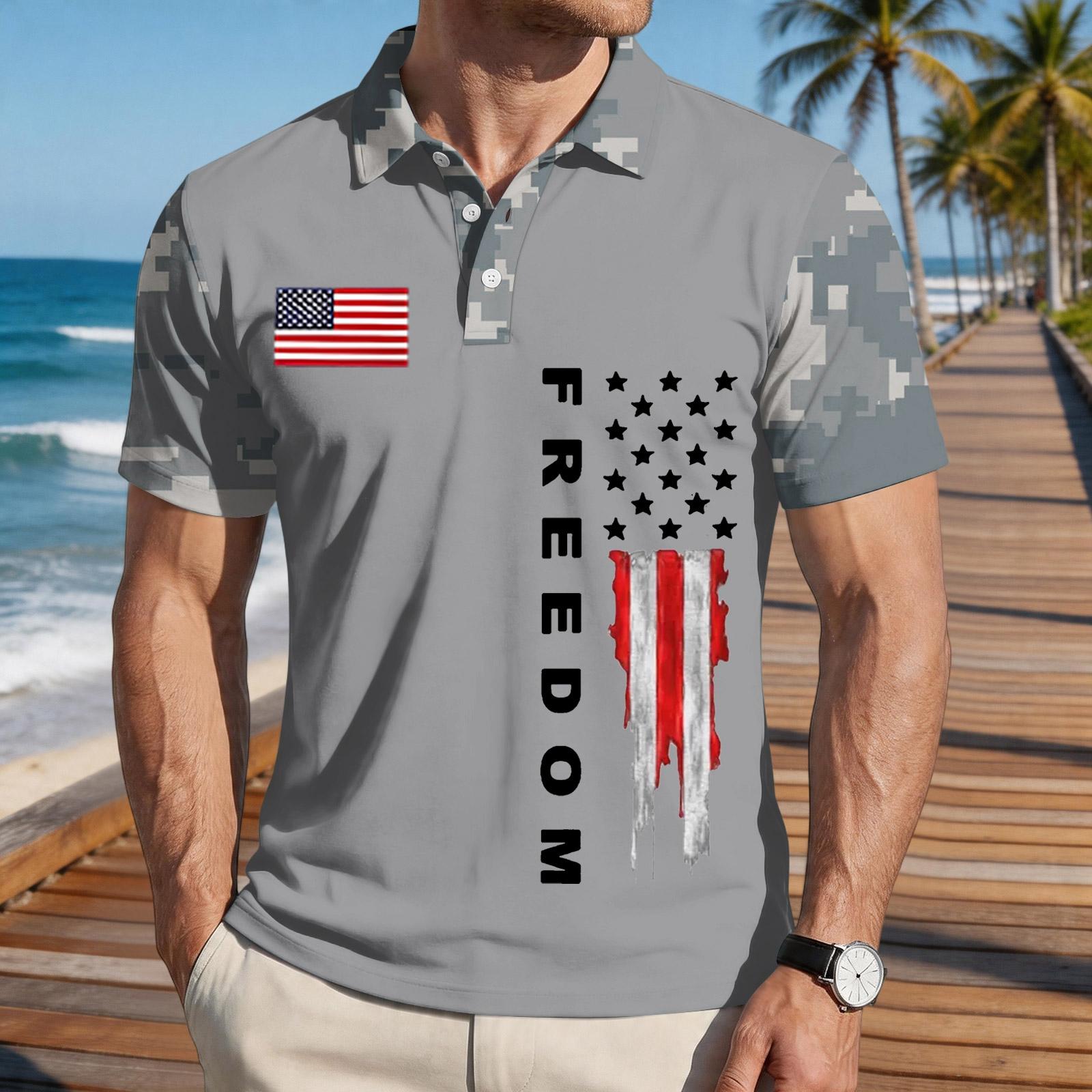 Men s Loose Fit Casual Short Sleeve Polo Shirt with Digital Camouflage Sleeves and Flag Graphic Print Front Button Collar S
Men s Loose Fit Casual Short Sleeve Polo Shirt with Digital Camouflage Sleeves and Flag Graphic Print Front Button Collar S