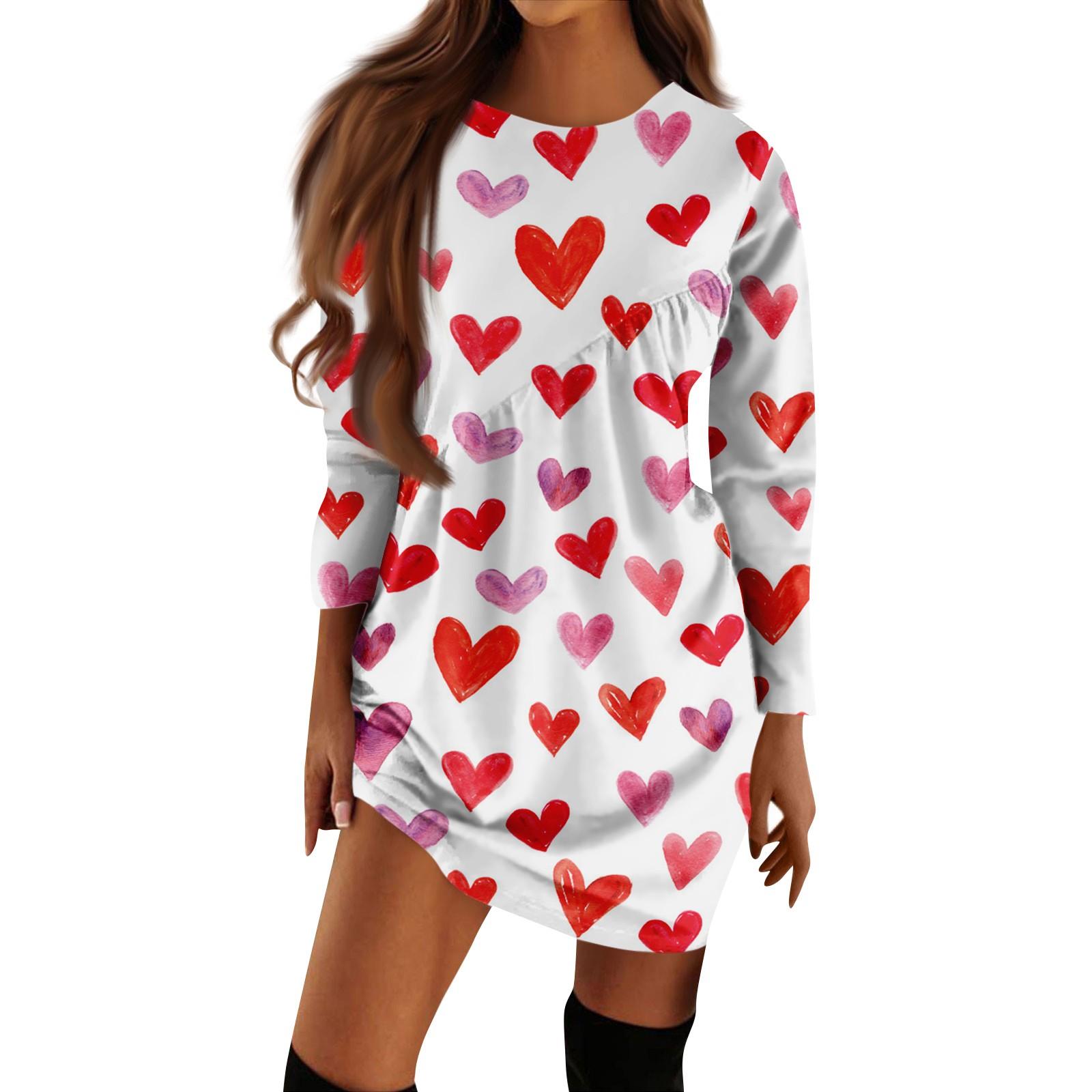 Женское повседневное модное платье-футболка с длинными рукавами и принтом на День святого Валентина, нерегулярное плиссированное платье с круглым вырезом XL белый