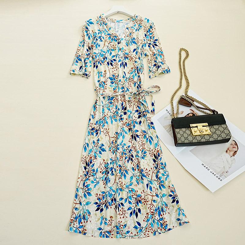 Guolian Цветочное платье с V-образным вырезом, приталенное, длинное - Тутовый шелк XXL