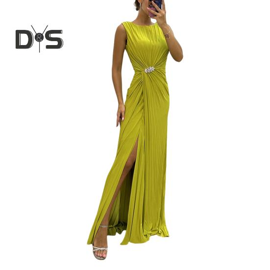 Женское вечернее платье с плиссировкой и разрезом по низу, длиной до пола, однотонное, со стразами, без рукавов, с круглым вырезом, с высокой талией, со стразами, для выпускного вечера, коктейльной вечеринки S жёлтый/зелёный