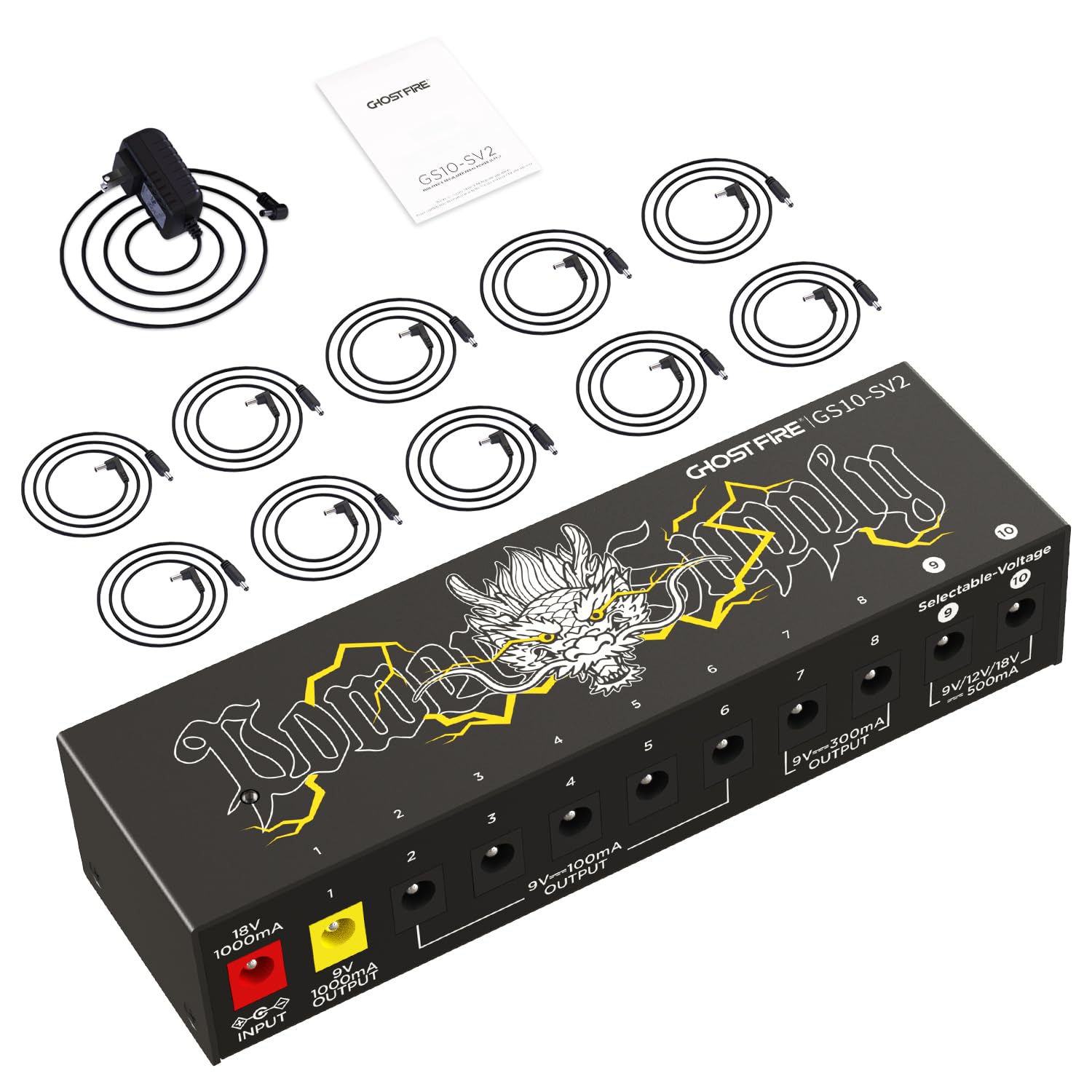 GHOSTFIRE Effects Pedal Power Supply, DC 9V12V18V, 10-Channel, Low-Noise Guitar Effects Pedal with Cable, GS10-SV2
GHOSTFIRE Effects Pedal Power Supply, DC 9V12V18V, 10-Channel, Low-Noise Guitar Effects Pedal with Cable, GS10-SV2