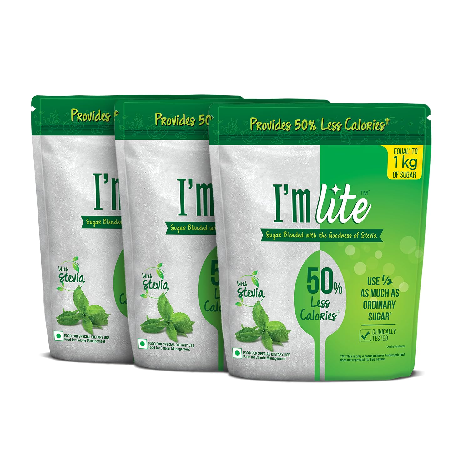I m Lite - Sugar blended with Stevia, 50% less calories, 500 g Pouch (Pack of 3)
I m Lite - Sugar blended with Stevia, 50% less calories, 500 g Pouch (Pack of 3)