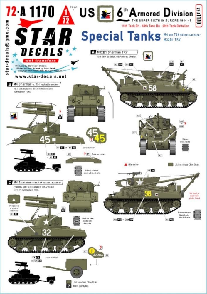 Star Decal WW2 America Super European 6th Armored Division Tank Battalion Special Vehicle Edition M4 T34 Recovery Tank Plastic Model Decal 1/72 The
Star Decal WW2 America Super European 6th Armored Division Tank Battalion Special Vehicle Edition M4 T34 Recovery Tank Plastic Model Decal 1/72 The