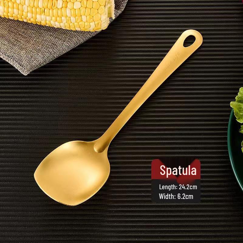 Korean Style Gold-Plated Stainless Steel Kitchen Utensil Set: Non-Magnetic Ladle, Slotted Spoon, and Frying Spatula.
Korean Style Gold-Plated Stainless Steel Kitchen Utensil Set: Non-Magnetic Ladle, Slotted Spoon, and Frying Spatula.