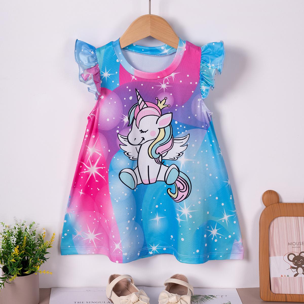 Милое мультяшное платье с единорогом для девочек и рукавами-лотосами, летнее детское модное повседневное платье 120cm(5-6Y) небесно-голубой