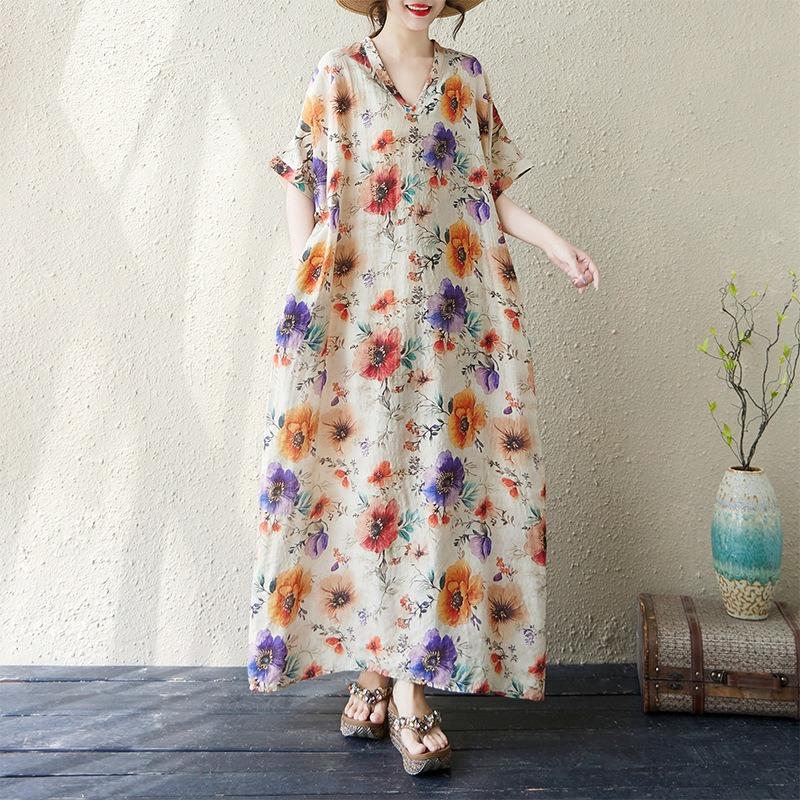 Summer v-neck thin cotton and linen large size loose literary holiday wind beach skirt retro meat-covering long robe Large size average size
Summer v-neck thin cotton and linen large size loose literary holiday wind beach skirt retro meat-covering long robe Large size average size