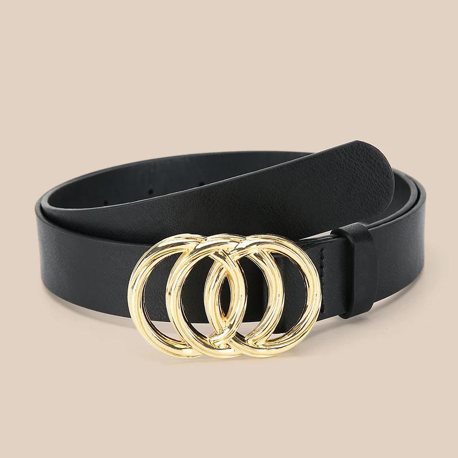 1 шт. Золотая пряжка с тройным кольцом Ремни Простой однотонный ПУ ремень Ремень для джинсов и брюк Пояс-кушак для платья и пальто для женщин Ремень чёрный