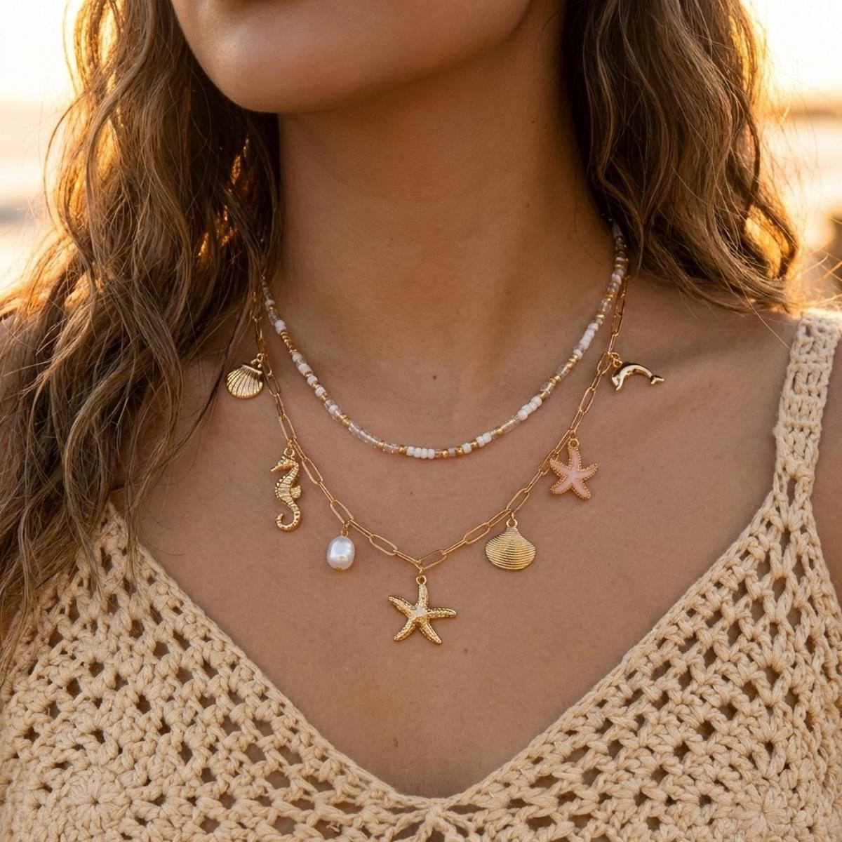 Boho Starfish Shell Conch Seahorse Dolphin Fishtail Pendant Necklace Double Layer Rice Beaded Choker Summer Ocean Beach Zircon
Boho Starfish Shell Conch Seahorse Dolphin Fishtail Pendant Necklace Double Layer Rice Beaded Choker Summer Ocean Beach Zircon