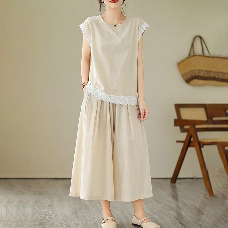 2PC Summer Suit Women Cotton T-shirt Pants Two-piece Lace Top and Longs Pants Solid Color Casual Linen Suit M
2PC Summer Suit Women Cotton T-shirt Pants Two-piece Lace Top and Longs Pants Solid Color Casual Linen Suit M