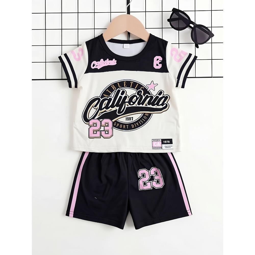 Girl California letter printed short sleeved color blocked sports shorts set 140
Girl California letter printed short sleeved color blocked sports shorts set 140