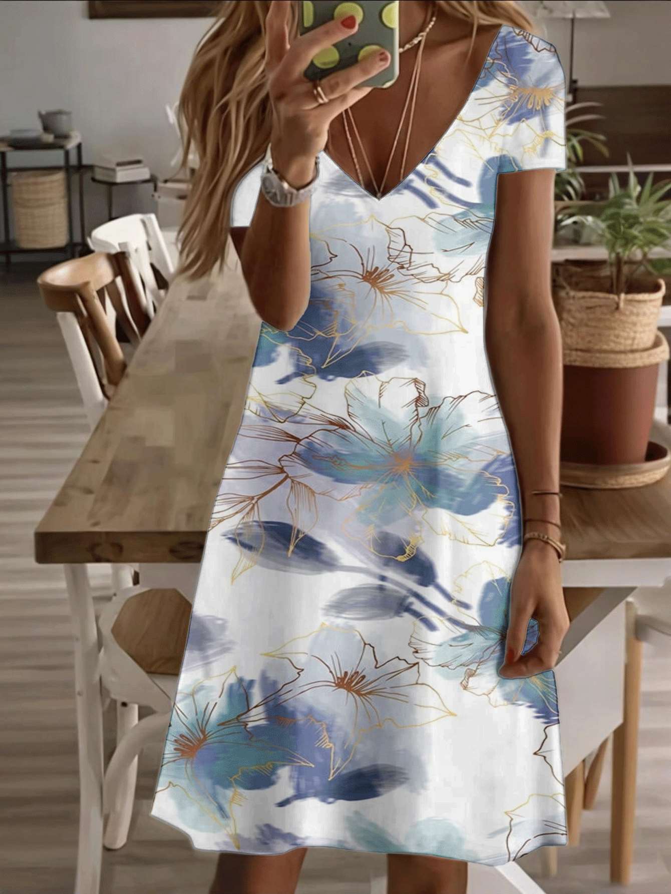 Vneck shortsleeve midi dress blue floral print women dress 3D premium printing durable casual fashion elegant summer beach outfit breathable soft fabr XL дубильная кора
Vneck shortsleeve midi dress blue floral print women dress 3D premium printing durable casual fashion elegant summer beach outfit breathable soft fabr XL дубильная кора