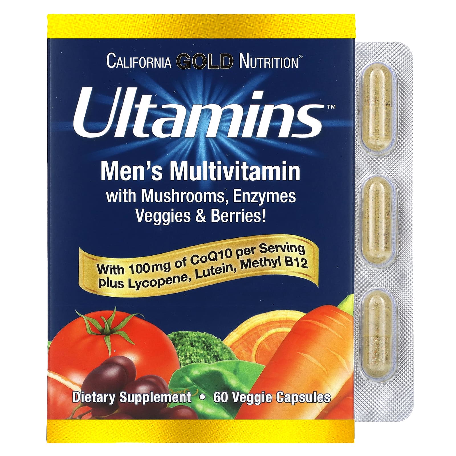 California Gold Nutrition, Чоловічі полівітаміни Ultamins з CoQ10, грибами, ферментами, овочами та ягодами, 60 овочевих капсул
California Gold Nutrition, Чоловічі полівітаміни Ultamins з CoQ10, грибами, ферментами, овочами та ягодами, 60 овочевих капсул