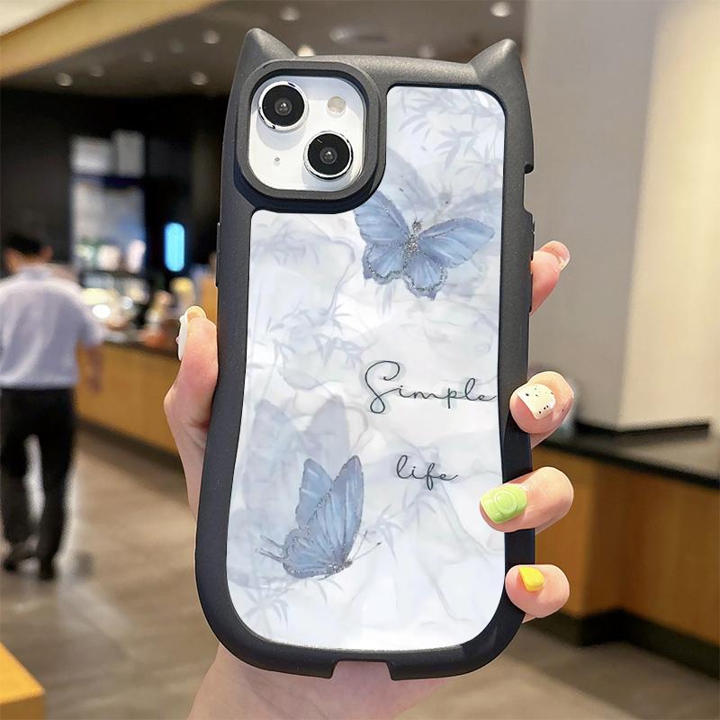 Прозрачный корпус, синяя противоударная жесткая акриловая задняя крышка с принтом бабочки + мягкий бампер из ТПУ для iPhone iPhone 16 Pro Max чёрный