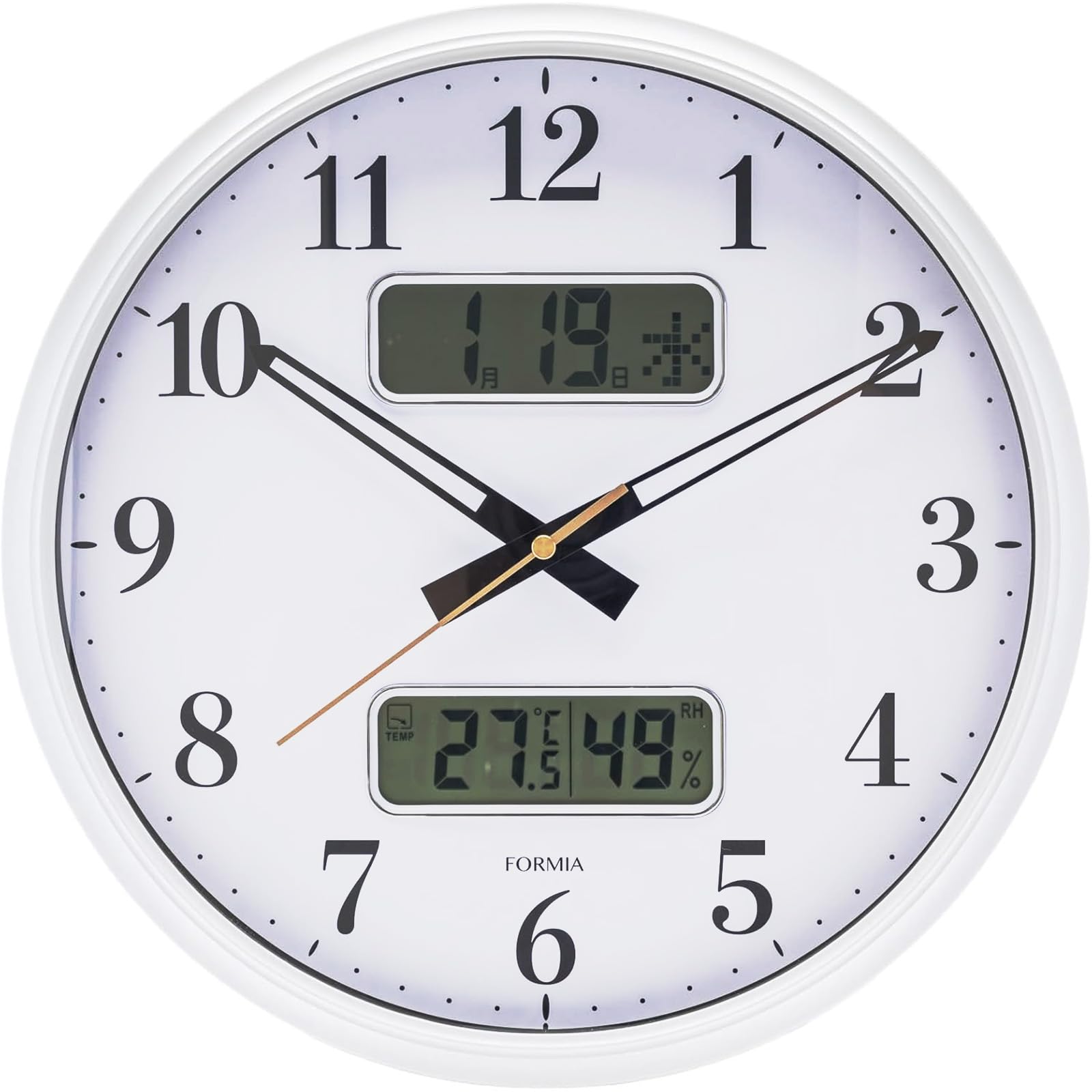 Formia Analog Wall Digital Display with Health Indoor Day of the White Clock, 32.0cm Diameter, Temperature, Humidity, Calendar, Support, Comfort,
Formia Analog Wall Digital Display with Health Indoor Day of the White Clock, 32.0cm Diameter, Temperature, Humidity, Calendar, Support, Comfort,