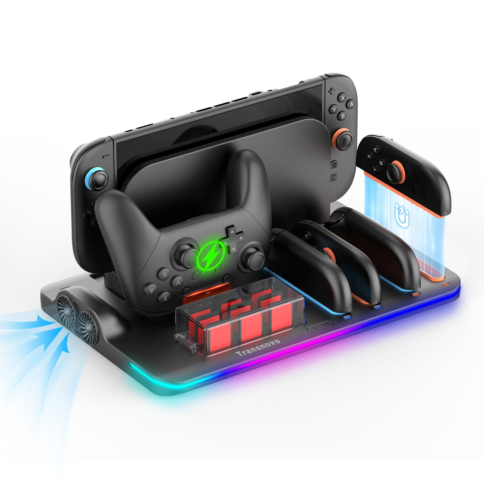Революционная охлаждающая зарядка для Switch 2 Pro 3H Быстрая зарядная подставка с охлаждающим магнитным креплением для 4 контроллеров Pro Вмещает 9 игр Включает светодиод чёрный