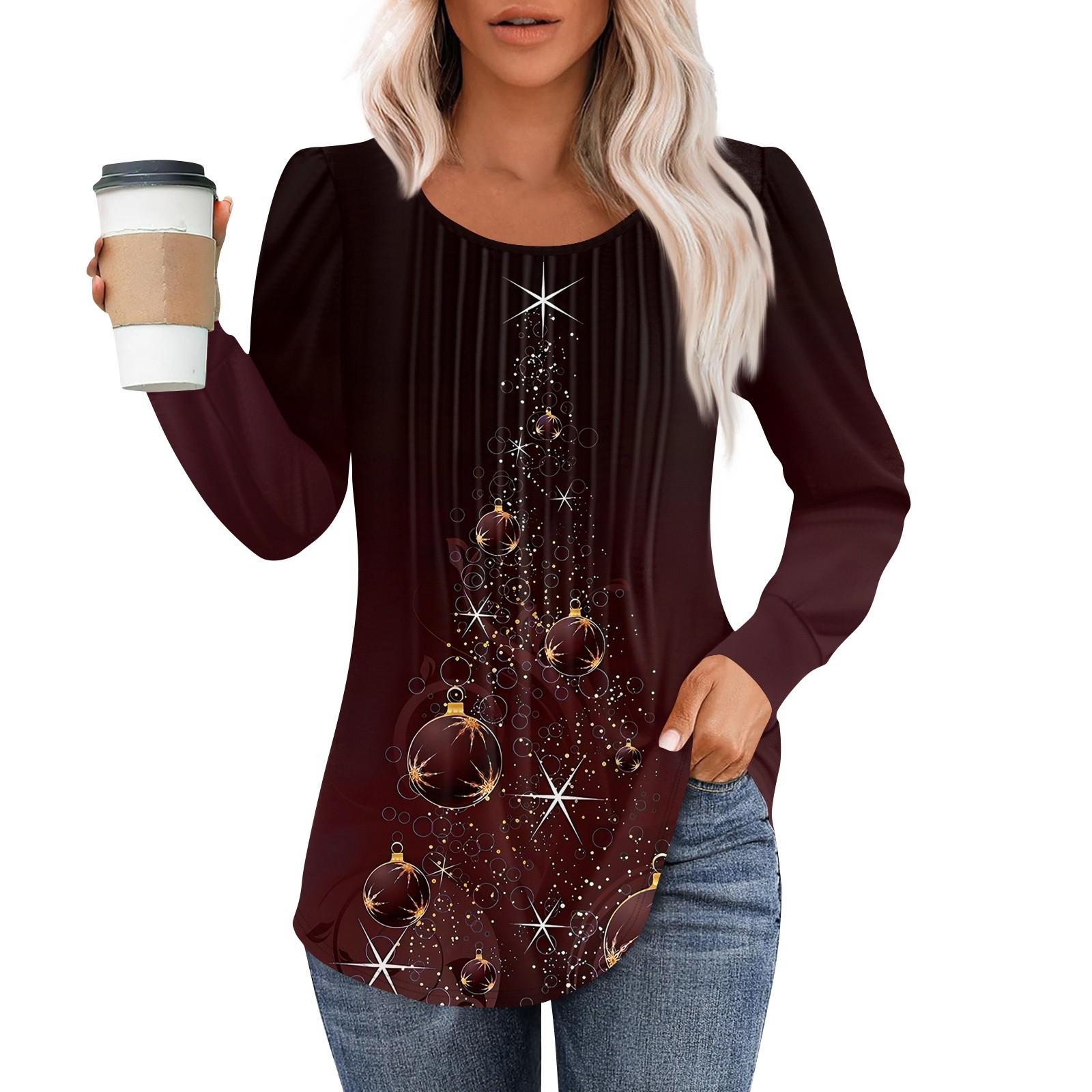 Рубашки с длинным рукавом для женщин, топы, нарядные повседневные блузки с рождественским принтом, плиссированные туники с круглым вырезом XL винный
Рубашки с длинным рукавом для женщин, топы, нарядные повседневные блузки с рождественским принтом, плиссированные туники с круглым вырезом XL винный