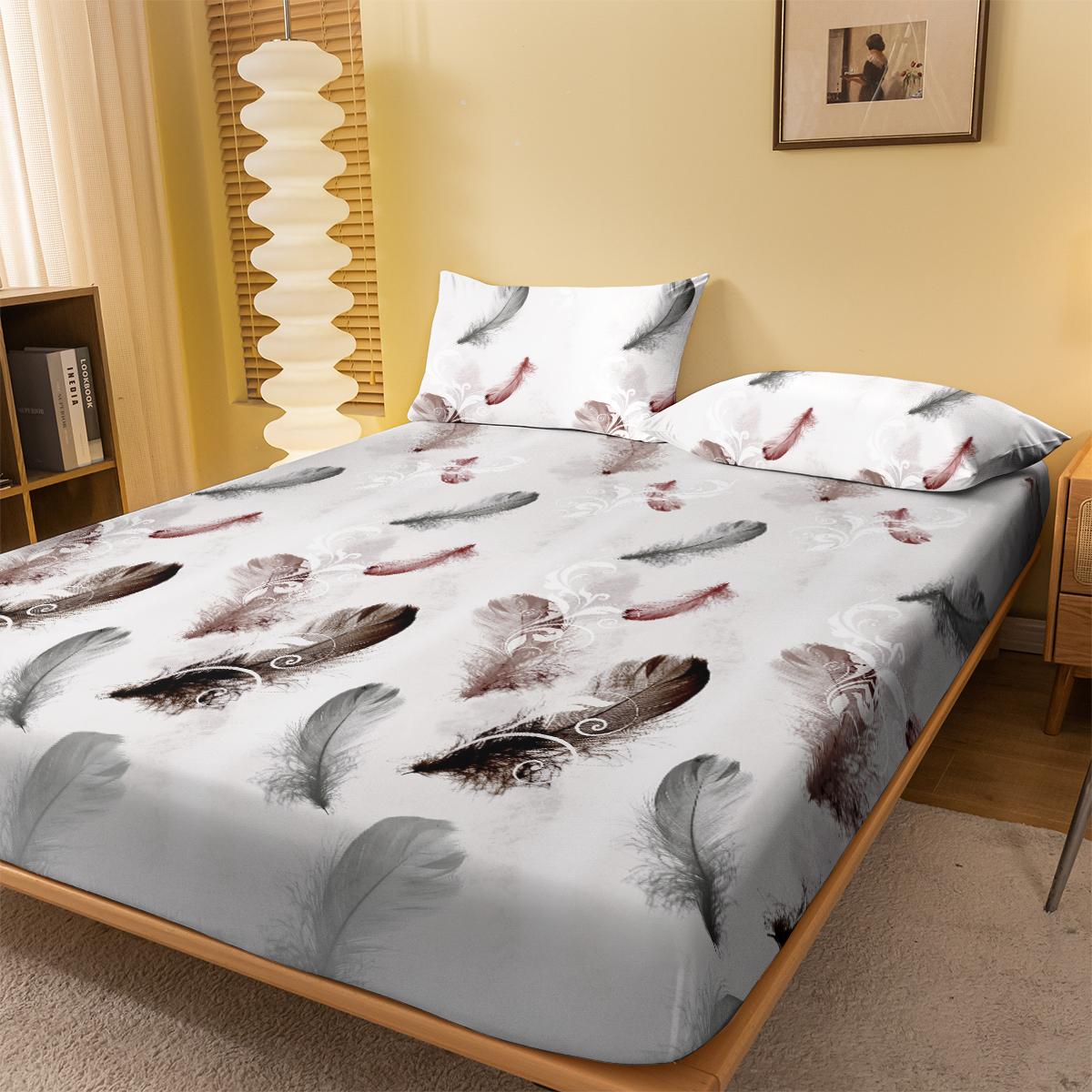 1 простая современная матовая простыня на резинке с принтом перьев, покрывало для кровати с принтом в спальню, постельное белье (Исключая наволочки) 71x132cm