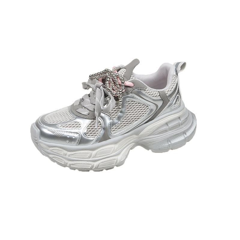 Корейская версия кроссовок на двойных шнурках, папины кроссовки, женские, весна 2025, новая сетчатая дышащая легкая универсальная платформа, повседневная спортивная обувь 40 серебряный
