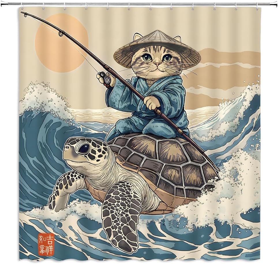 Funny Japanese Cat Shower Curtain Cute Cat Riding Sea Turtle Vintage Sun Blue Ocean Sea Waves Asian Abstract Marine Bathroom W60H190(CM)-1 Pcs
Funny Japanese Cat Shower Curtain Cute Cat Riding Sea Turtle Vintage Sun Blue Ocean Sea Waves Asian Abstract Marine Bathroom W60H190(CM)-1 Pcs