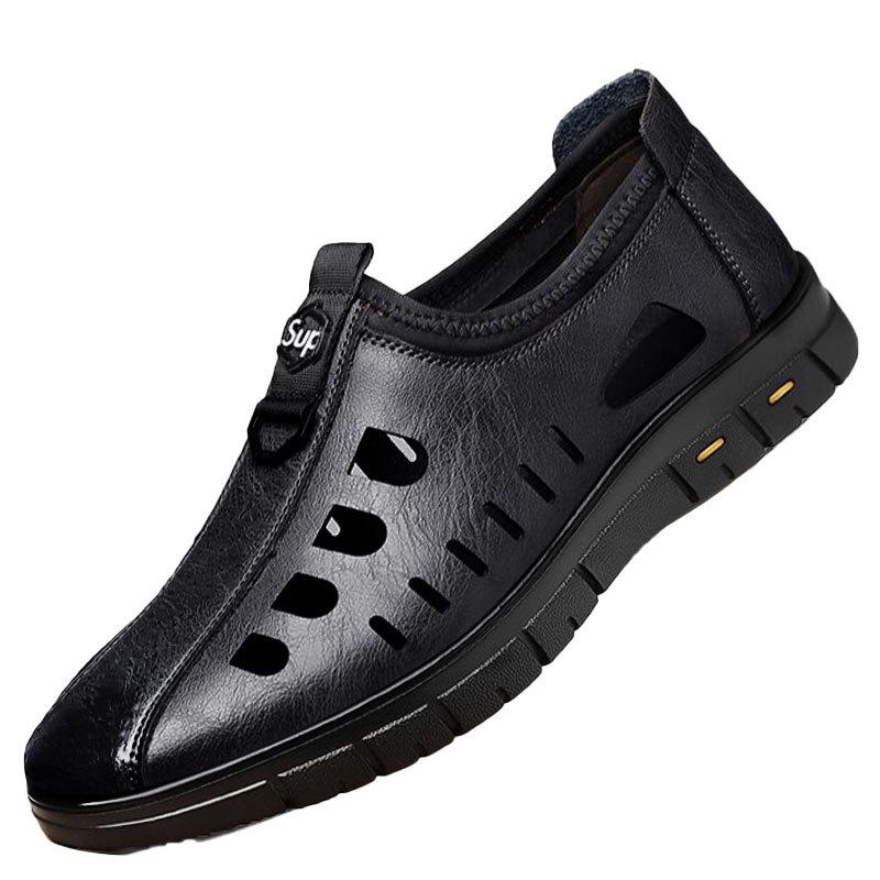 Мужская кожаная обувь Слипоны Удобные Повседневные Балетки Дышащая Обувь для Платья Мужские Лоферы Мужские Полые Уличные Пляжные Сандалии 44 чёрный