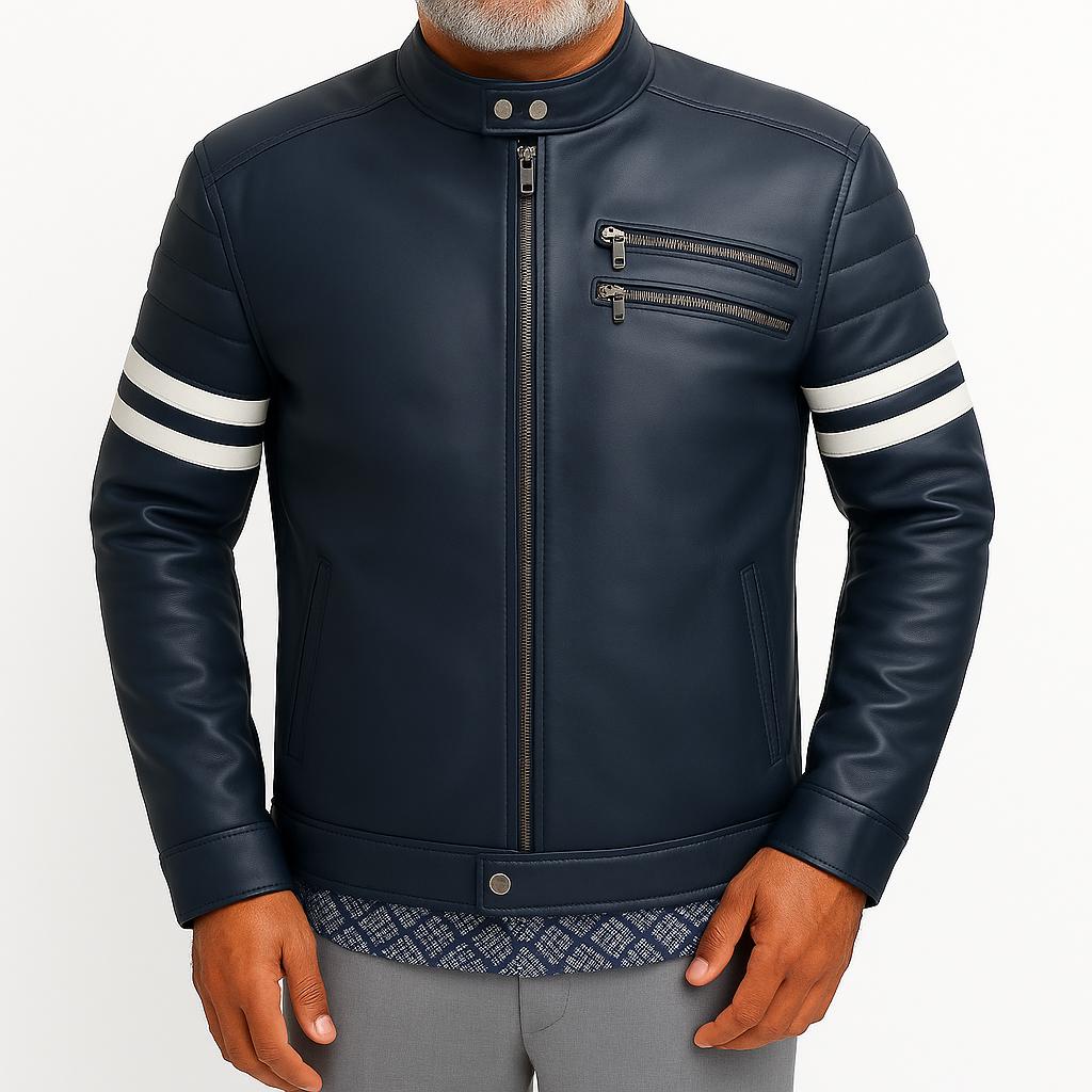 Navy Blue & White Striped Leather Biker Jacket - Motorcycle-Inspired Design for Fans L темно-синього кольору
Navy Blue & White Striped Leather Biker Jacket - Motorcycle-Inspired Design for Fans L темно-синього кольору