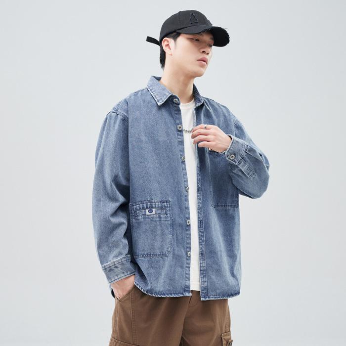 Сильная стирка в воде, жареная соль, джинсовая ткань, японский универсальный тренд, свободная удобная рубашка, куртка, черный, синий, серый, мода L джинсовый синий