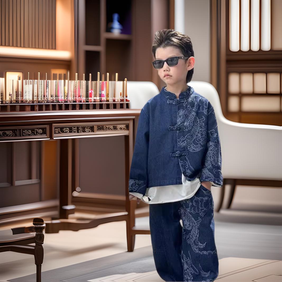 Boys Retro Hanfu Set: Chinese Style Soft Denim Jacket & Dragon Pattern Tang Suit 150cm
Boys Retro Hanfu Set: Chinese Style Soft Denim Jacket & Dragon Pattern Tang Suit 150cm