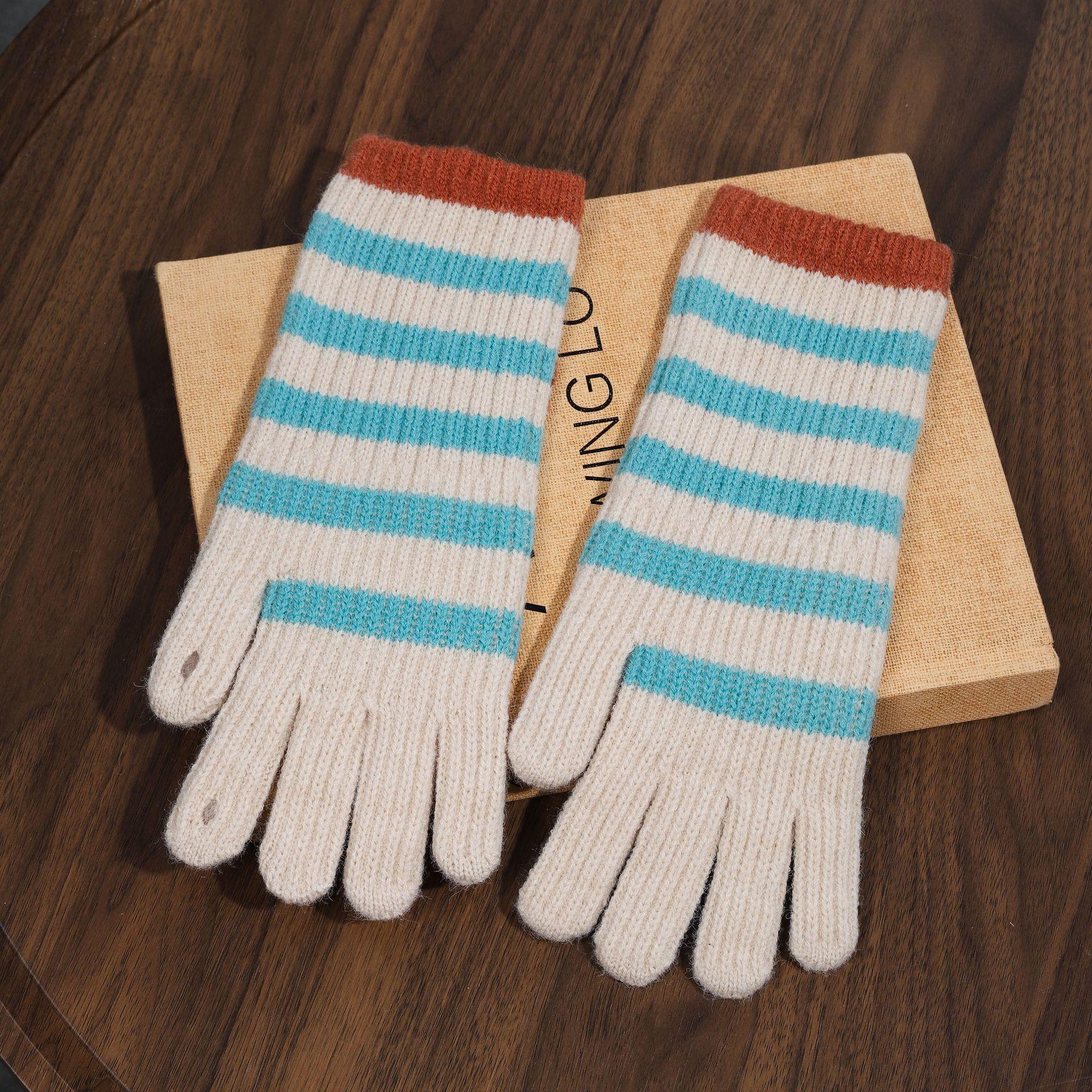 Зимние перчатки без пальцев с полосками в корейском стиле для сенсорного экрана – Теплая вязаная шерсть, дизайн с пятью пальцами для езды на велосипеде и обучения