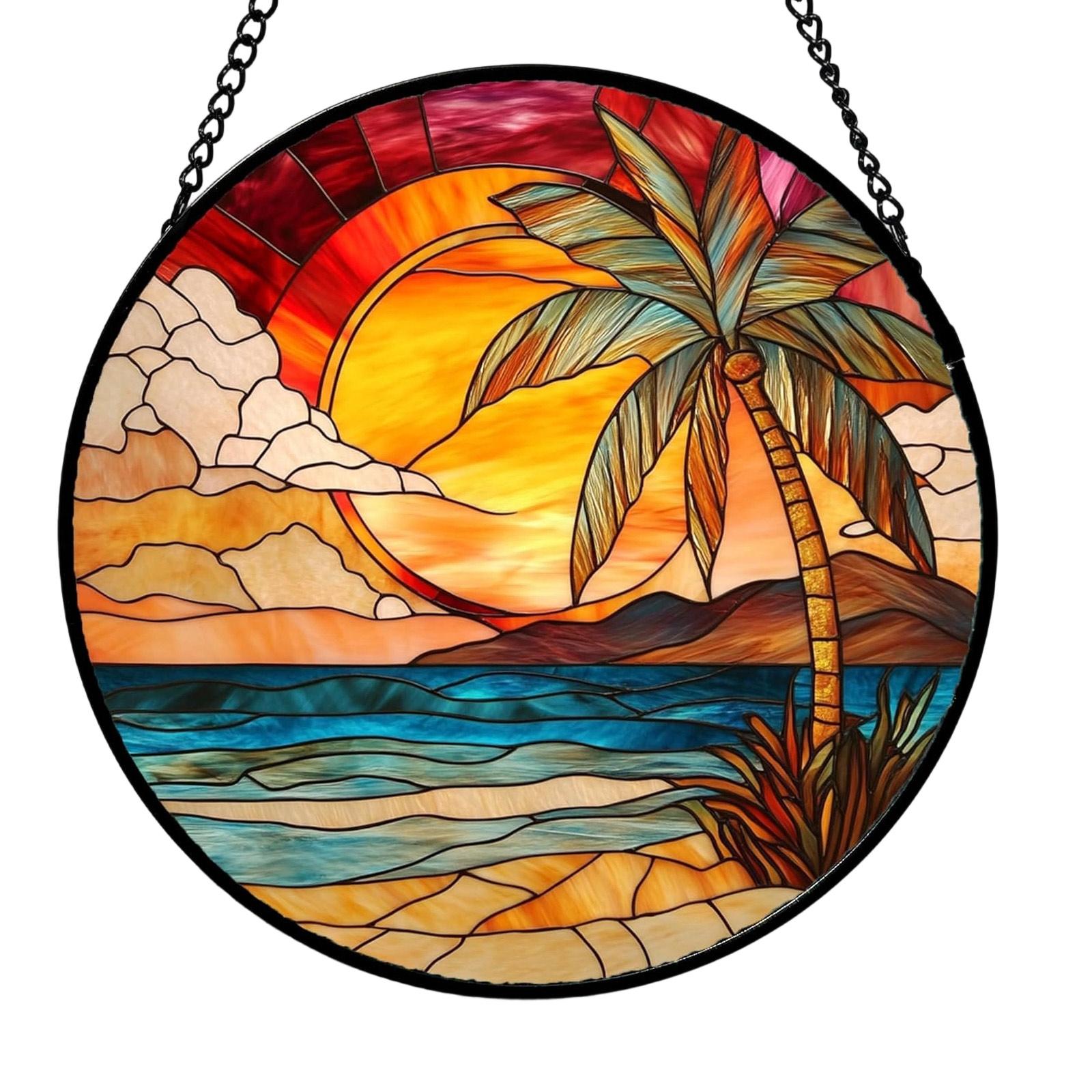 Round Stained Glass Window Hanging Panel with Tropical Beach Scene Palm Tree and Sunset Design for Garden Kitchen Sunroom Home Decor One Size
Round Stained Glass Window Hanging Panel with Tropical Beach Scene Palm Tree and Sunset Design for Garden Kitchen Sunroom Home Decor One Size