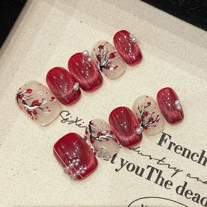 10Pcs Handmade Short Square Press On Nails, Red Cat Eye with Plum Blossom & Pearl Fake Nails for Women United States
10Pcs Handmade Short Square Press On Nails, Red Cat Eye with Plum Blossom & Pearl Fake Nails for Women United States