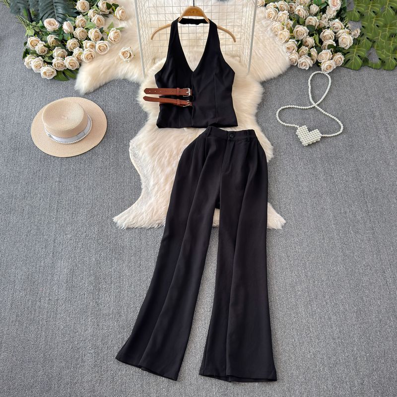 Stylish Niche Style Young Wind Buckle Waist Halter Backless Sling Tops + High Waist Slimming and Wide Leg Two-piece Set Black M
Stylish Niche Style Young Wind Buckle Waist Halter Backless Sling Tops + High Waist Slimming and Wide Leg Two-piece Set Black M