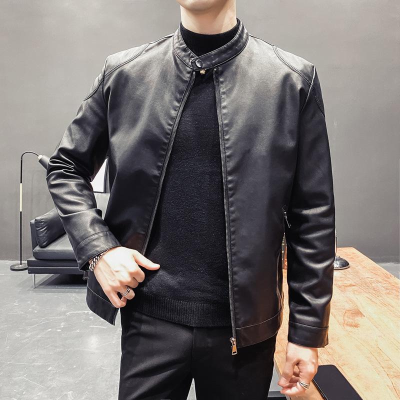 Мужская кожаная куртка с воротником-стойкой, облегающая, корейская версия, модный костюм для мотоциклистов ВВС, короткая кожаная куртка, красивая зимняя мужская куртка 3XL