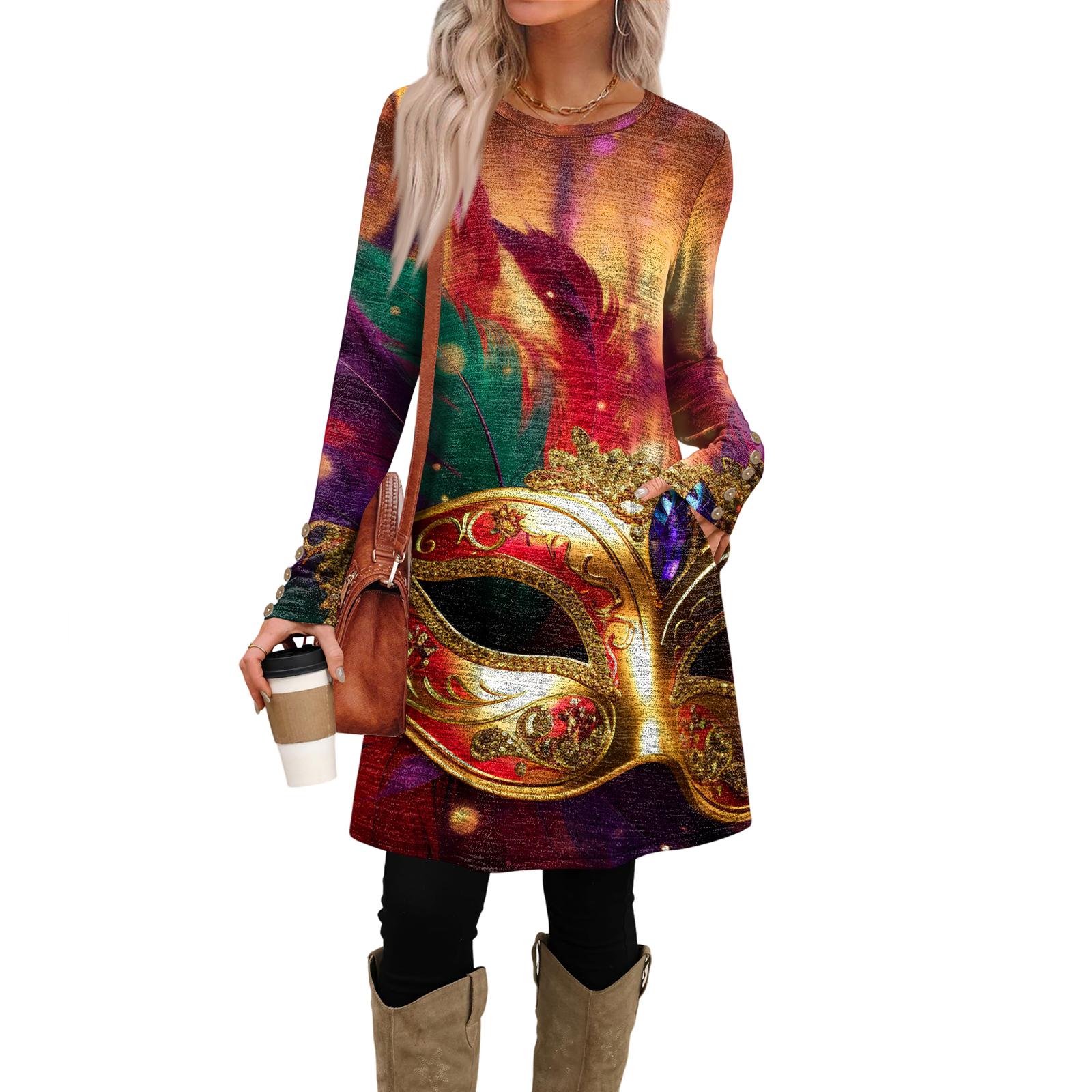 Women s Fashion Casual Dress With Pockets, Decorative Buttons, Carnival Prints, Round Neck And Long Sleeves XL винний
Women s Fashion Casual Dress With Pockets, Decorative Buttons, Carnival Prints, Round Neck And Long Sleeves XL винний