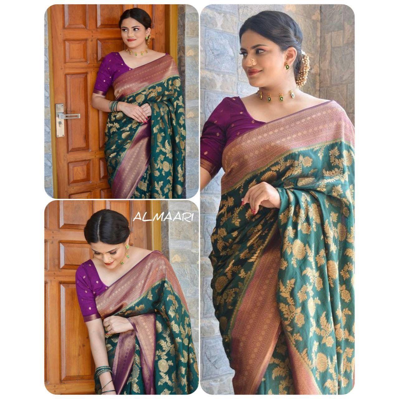 Это красивое сари элегантно украшено великолепным жаккардовым плетением, которое придает образу идеальный вид.
Это красивое сари элегантно украшено великолепным жаккардовым плетением, которое придает образу идеальный вид.