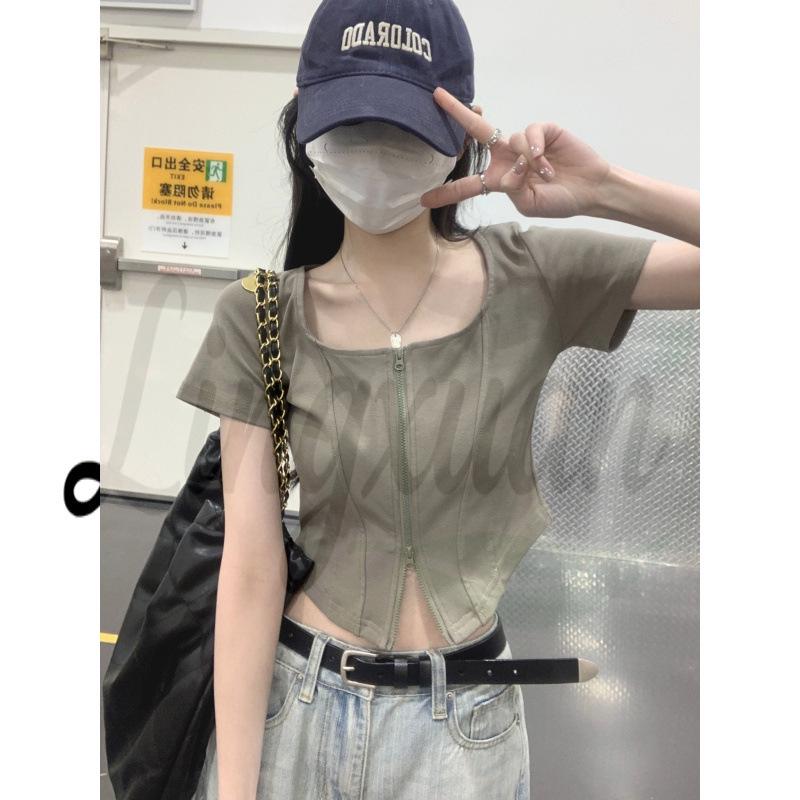 Korean Style Square Neck Double Zipper Cinched Waist Crop Top - Spring Summer Short Sleeve Women s Tee Small хакі
Korean Style Square Neck Double Zipper Cinched Waist Crop Top - Spring Summer Short Sleeve Women s Tee Small хакі