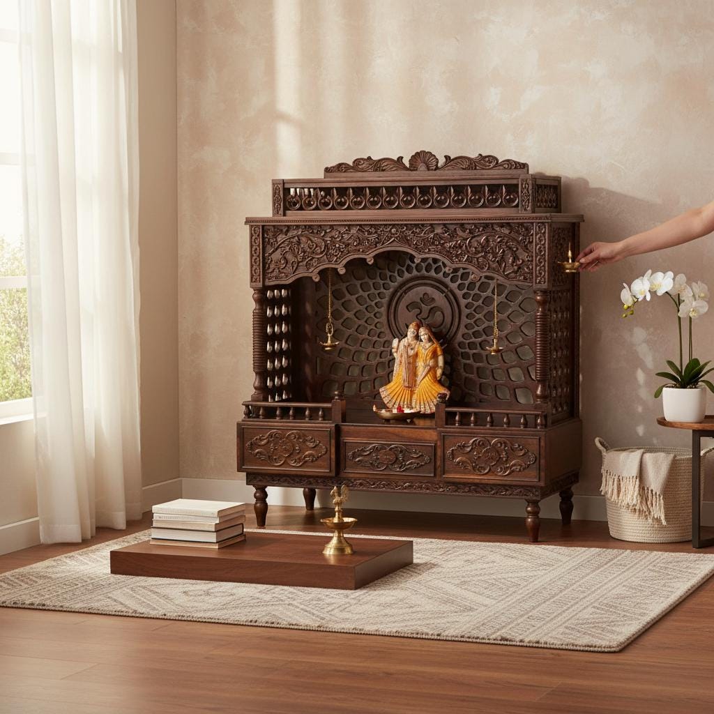 Wood Carved Temple | Wooden Religion Home Decor Temple,Carved Sheesham Handicrafted for Home with Om Back Panel & Storage Drawers with Bells
Wood Carved Temple | Wooden Religion Home Decor Temple,Carved Sheesham Handicrafted for Home with Om Back Panel & Storage Drawers with Bells