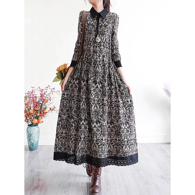 Spring new literary loose cotton and linen printing lapel long-sleeved dress women s waist medium and long 2XL Темно-синій
Spring new literary loose cotton and linen printing lapel long-sleeved dress women s waist medium and long 2XL Темно-синій