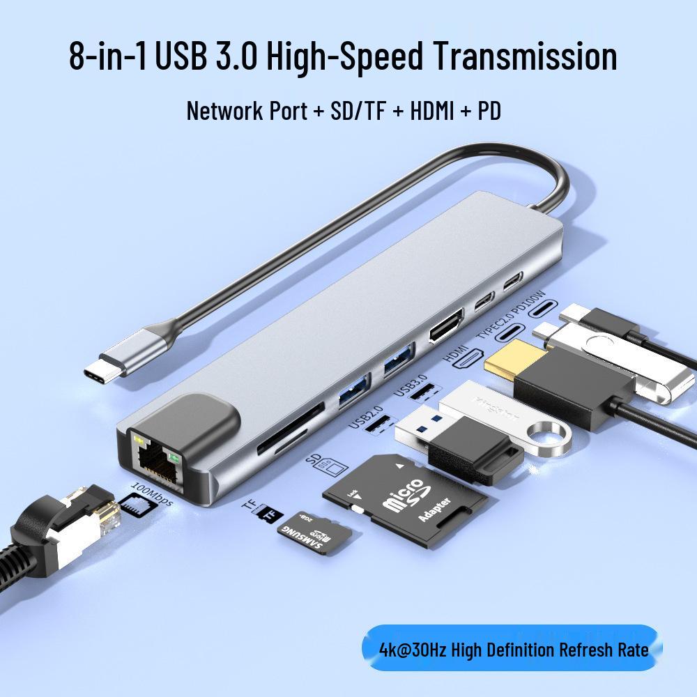 Type-C 8-in-1 USB 3.0 Hub with HDMI, RJ45 Ethernet, and TF/SD Card Reader
Type-C 8-in-1 USB 3.0 Hub with HDMI, RJ45 Ethernet, and TF/SD Card Reader