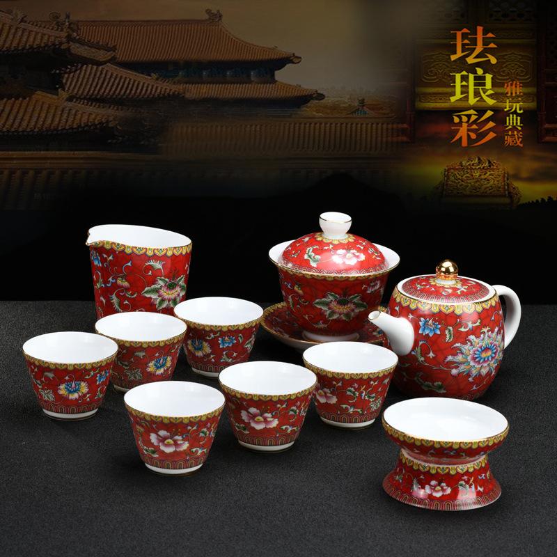 Цзиндэчжэнь эмалированный керамический чайный сервиз кунг-фу домашний подарок ручная роспись чаша крышка балка горшок подарочная коробка Red красный