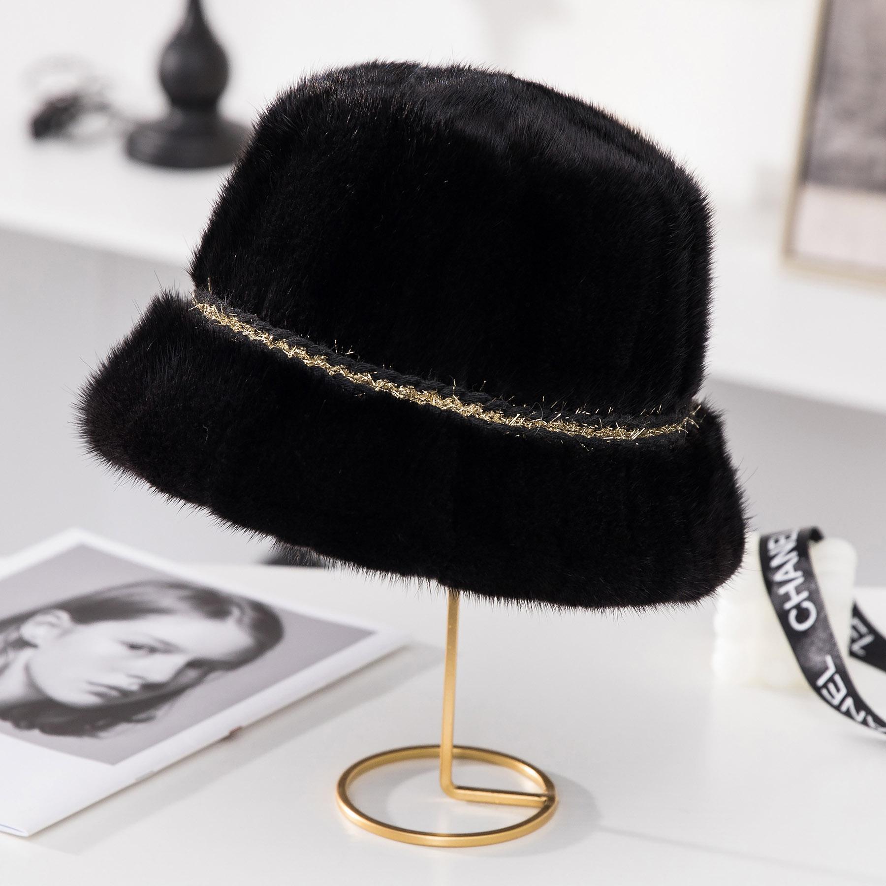 Шапка женская зимняя модная меховая панама из норки, рыбацкая шапка из цельной кожи, теплая шапка head 55-59cm чёрный