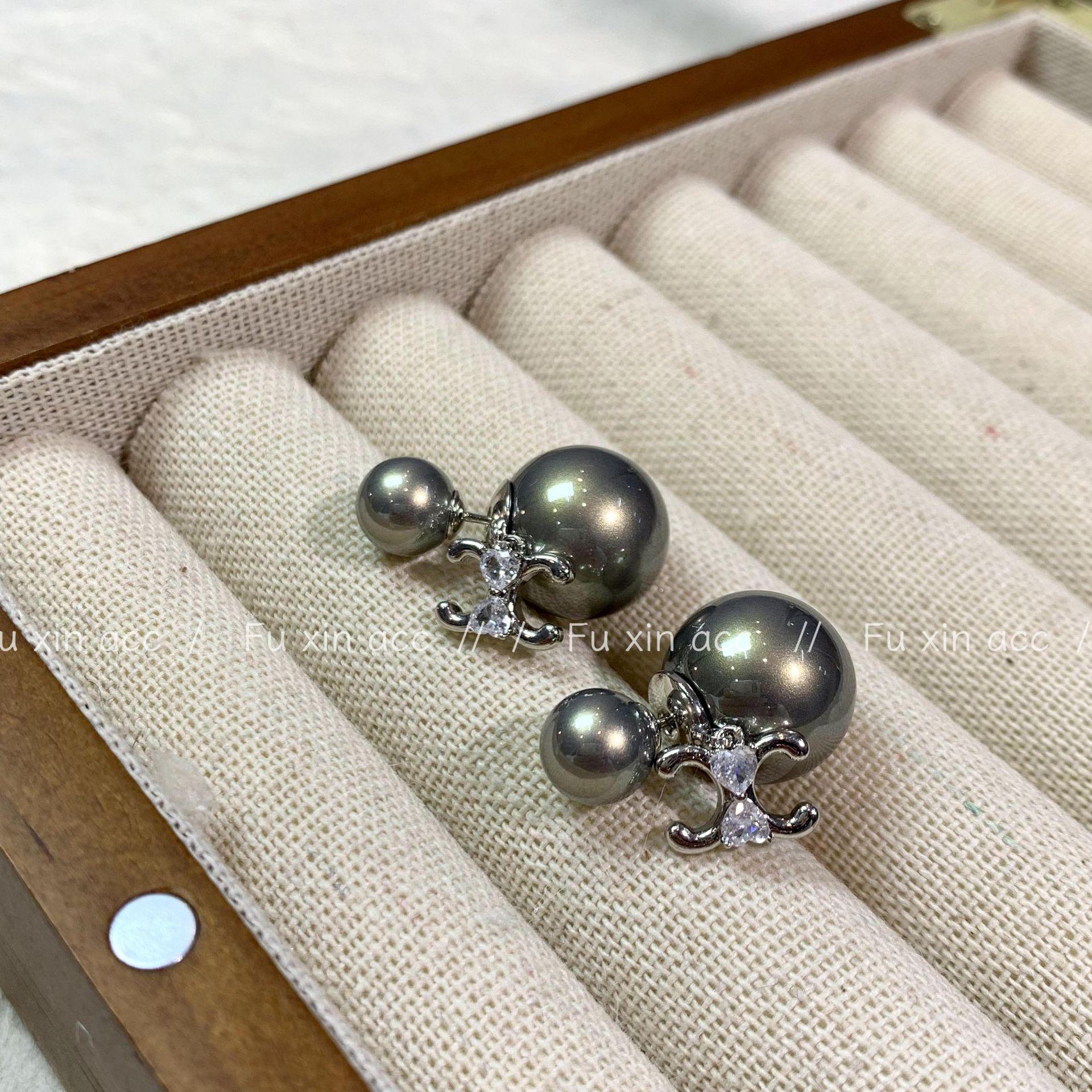 Серые двухсторонние серьги с жемчугом для женщин — универсальные акценты из циркония, элегантный ретро-стиль, роскошная мода. E0288S