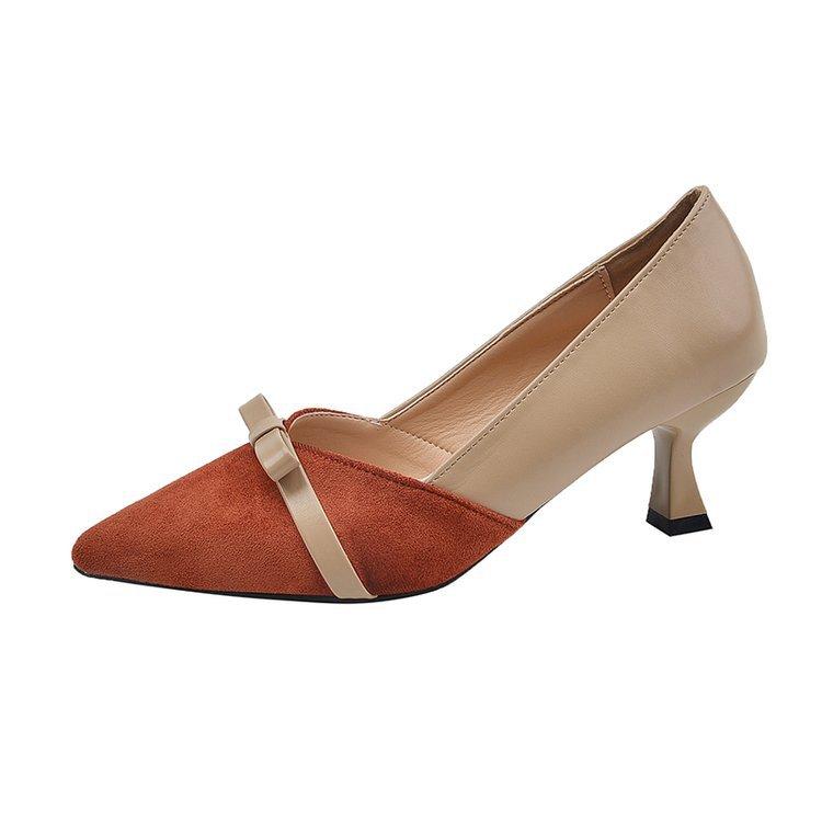 Французские остроносые маленькие ароматные туфли-лодочки на шпильке 2024 новая кожа бант сочетание цветов элегантные одинарные туфли 39