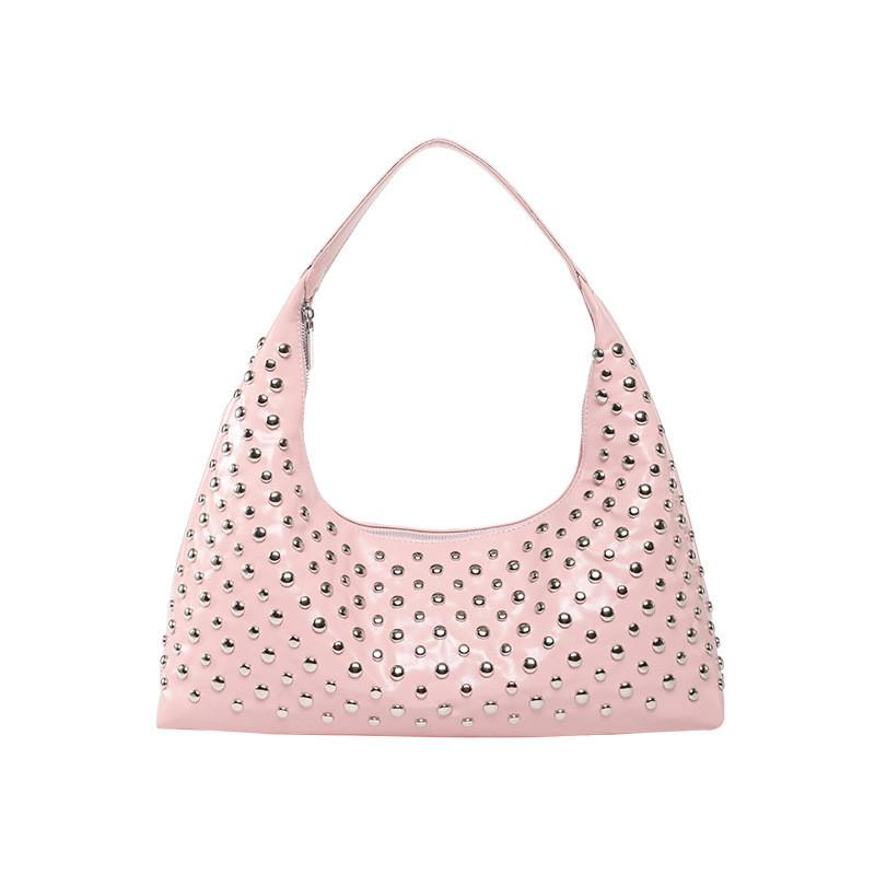 Цвет Панк Однотонный Стиль Сумка с Заклепками Женская Большая Вместительная Дизайн Материала Дорожные Сумки розовый