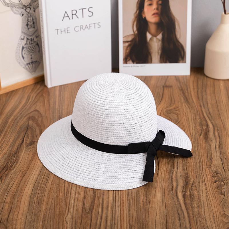 Соломенная шляпа-ведро с бантом, элегантная однотонная шляпа от солнца, модная складная дорожная пляжная шляпа для женщин, повседневное использование летом на открытом воздухе one size