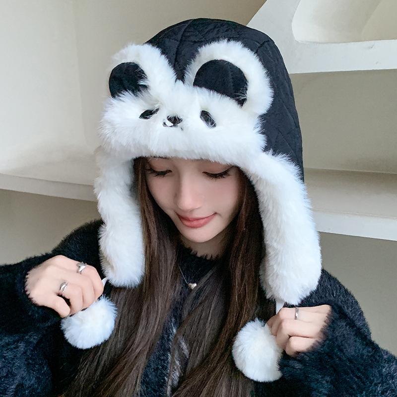 Милая мультяшная теплая шапка с защитой ушей, маленькая шапочка, подчеркивающая лицо, ветрозащитный капюшон для девочек чёрный